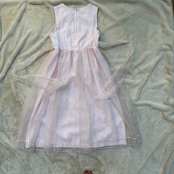 Bonnie Jean Girls Pink Tulle Dress SZ 14 Rosettes Lattice Tie Waist Midi Wedding - Picture 3 of 8